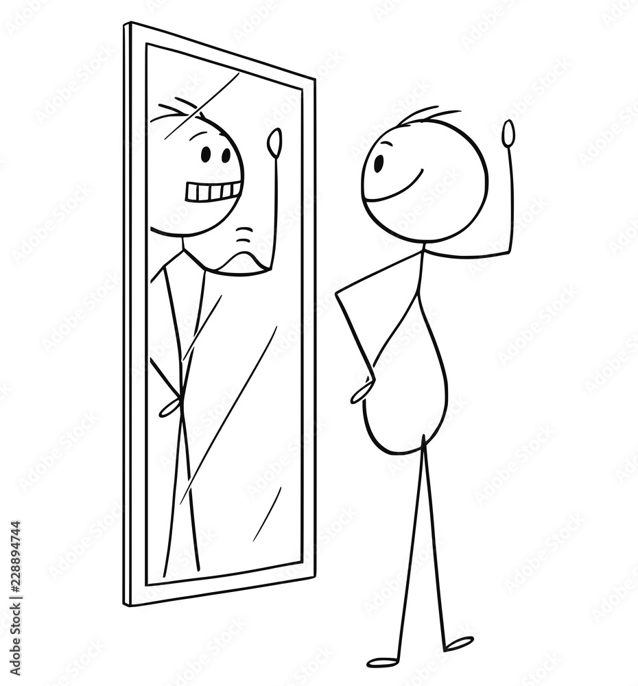 Cartoon stick drawing conceptual illustration of fat obese or overweight man looking at himself