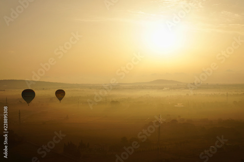 Beautiful view of the island of Mallorca  from a height at sunrise  hot air balloon  Spain