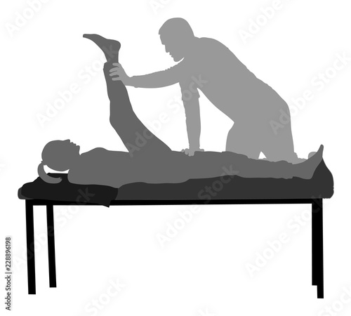 Physiotherapist and patient exercising in rehabilitation center, vector silhouette. Doctor supports sport woman during physiotherapy treatment. Physical exercises massage chiropractic. Healthcare.