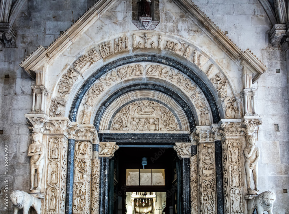 13th century portal of the St. Lawrence cathedral in Trogir, Croatia, carved by the local architect and sculptor Master Radovan, one of the most monumental pieces of the Dalmatian medieval art.