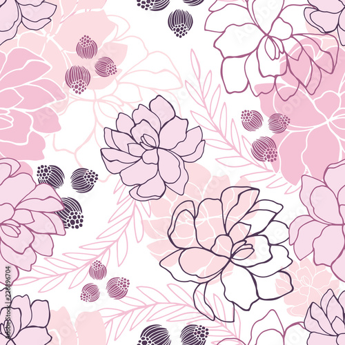 Hand drawn floral seamless background pattern Romantic flowers Vector illustration