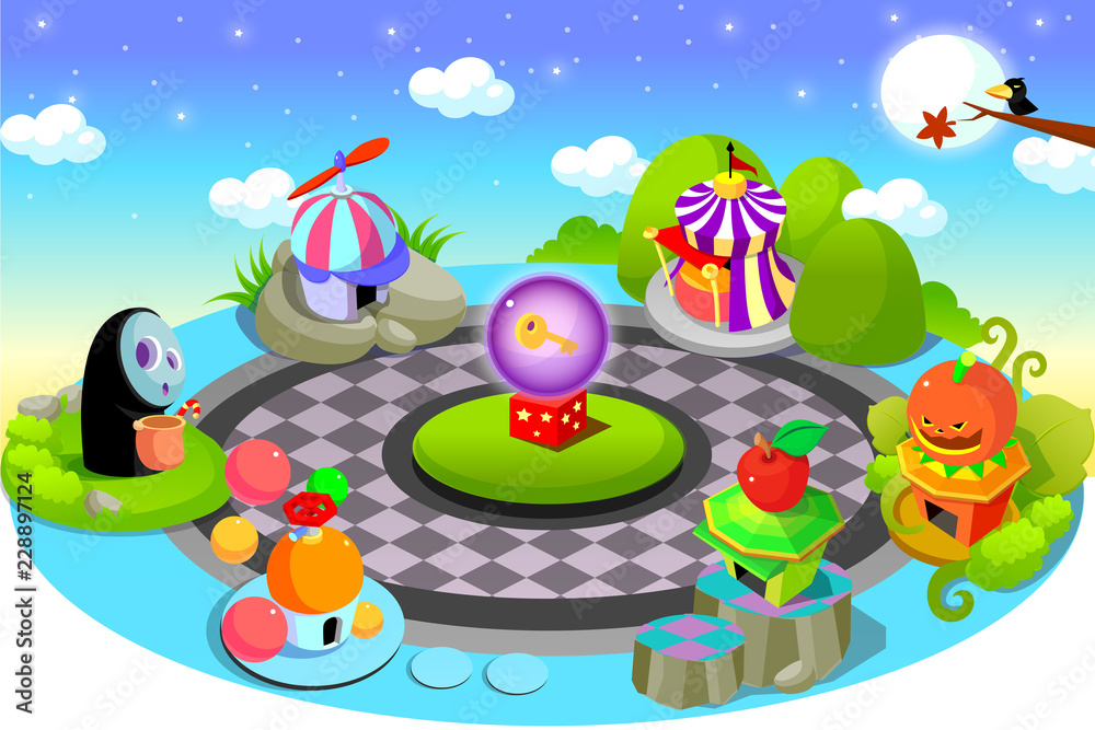 Various objects with tents around a tiled floor Various objects with tents around a tiled floor