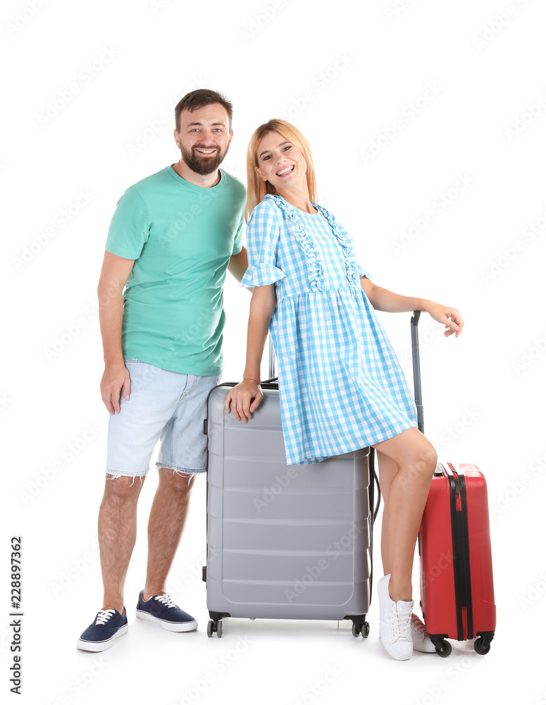Couple with suitcases on white background. Vacation travel Couple with suitcases on white background. Vacation travel