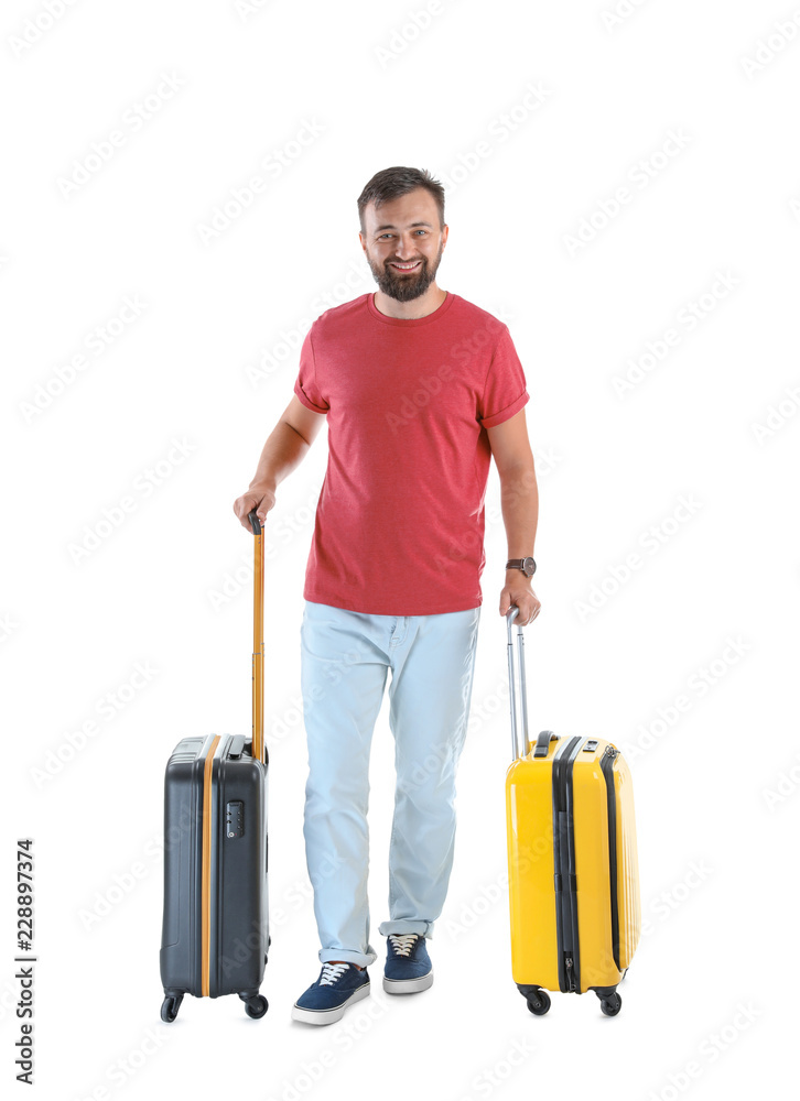 Man with suitcases on white background. Vacation travel Man with suitcases on white background. Vacation travel