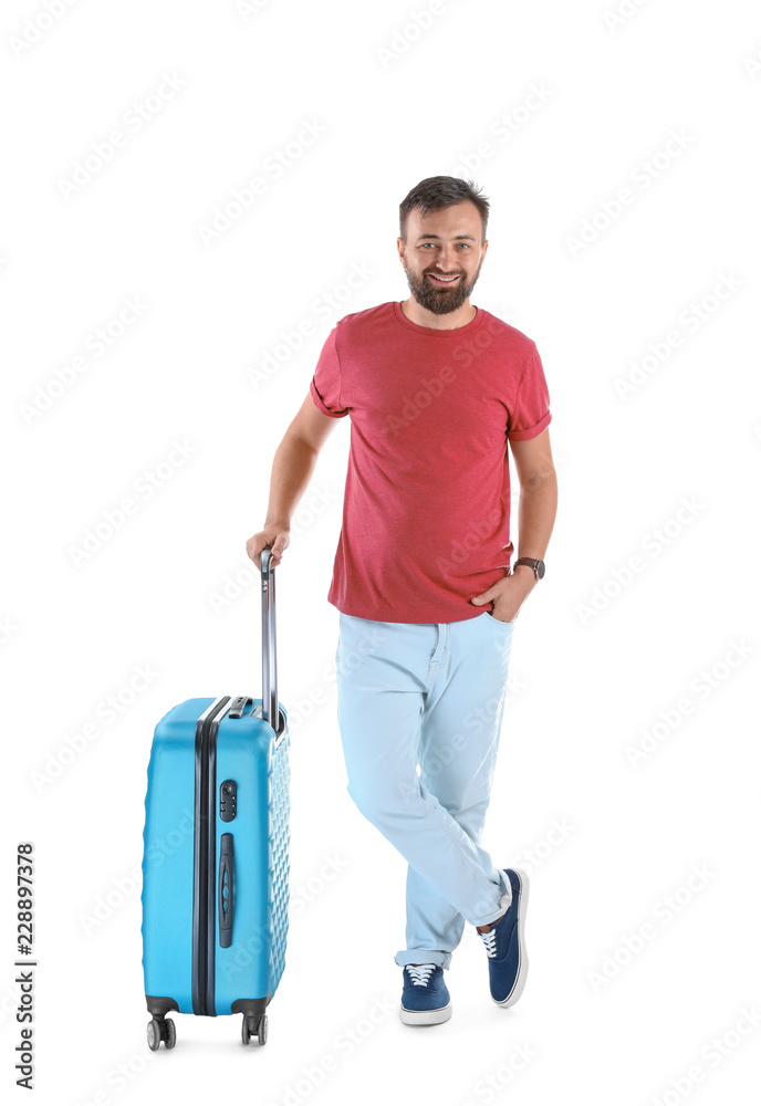 Man with suitcase on white background. Vacation travel Man with suitcase on white background. Vacation travel
