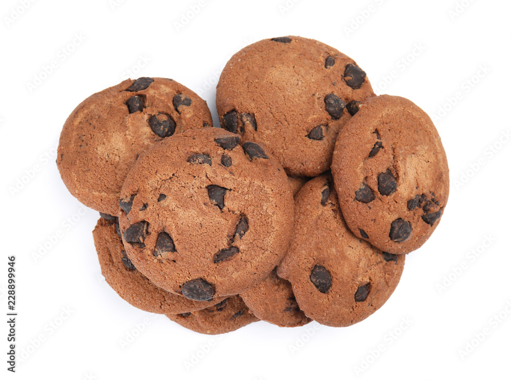 Pile of delicious chocolate chip cookies on white background, top view