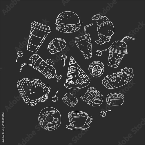 Circle made of elements. Hand drawn food, sweets and drinks on a chalkboard background