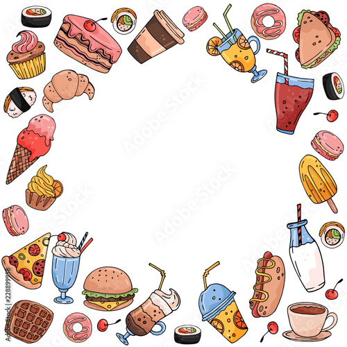 Circle made of elements. Hand drawn food and drinks