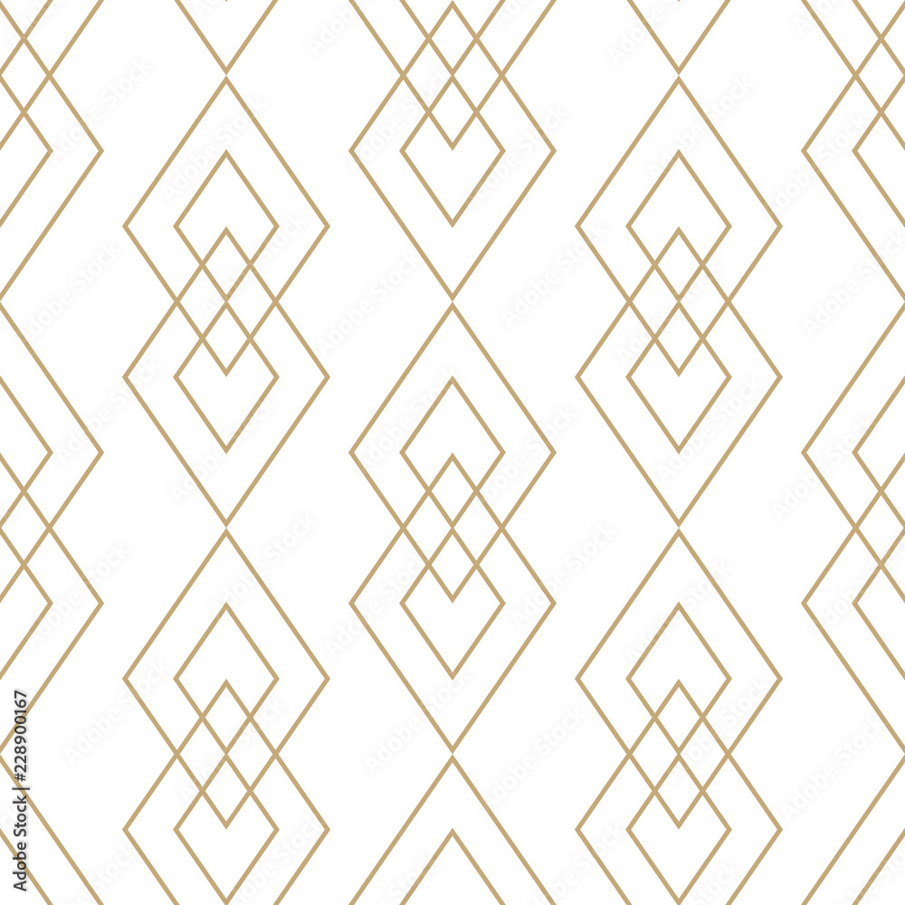 Vector golden geometric texture. Elegant seamless pattern with diamonds, rhombuses, thin lines. Abstract white and gold graphic ornament. Art deco style. Trendy linear background. Luxury repeat design