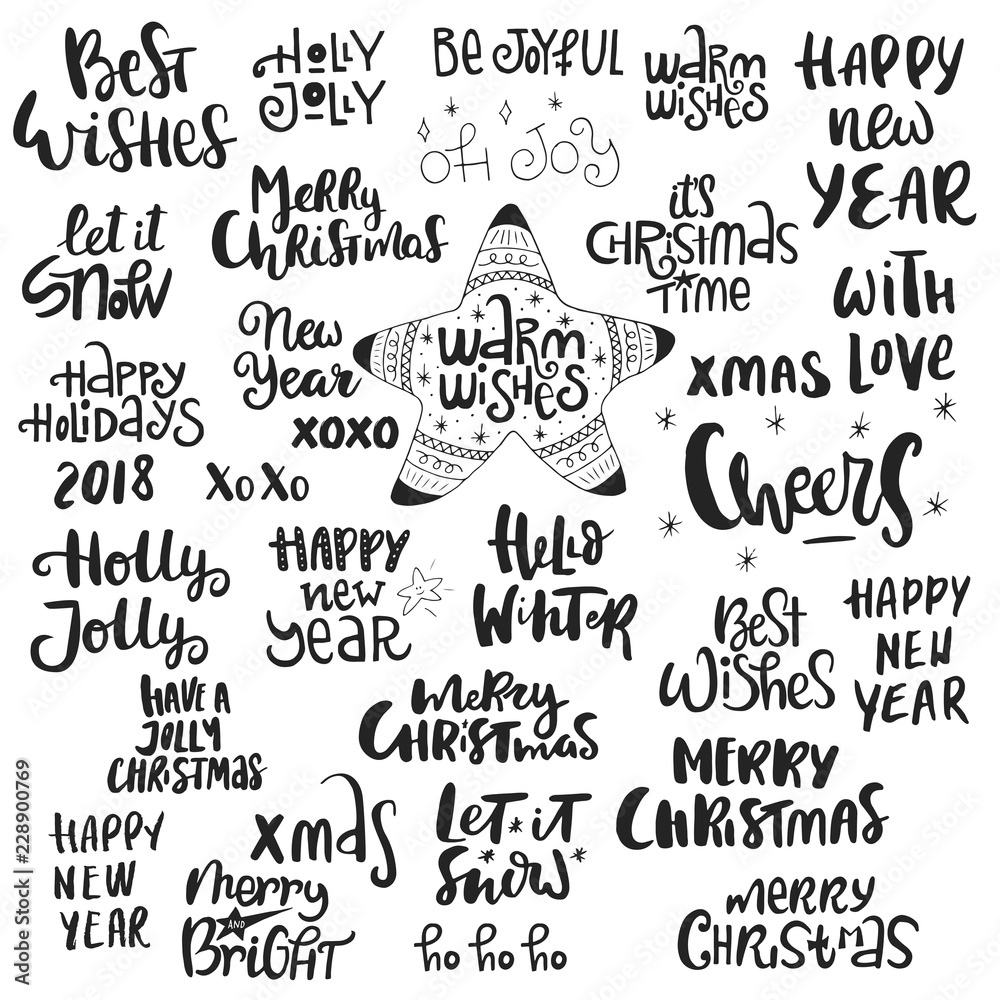 Set of New Year and Christmas phrases and words. Collection of hand drawn lettering. Vector illustration.