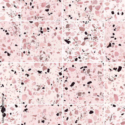Pink terrazzo marble tiles seamless pattern. Vector texture of mosaic floor with natural stones, granite, marble, quartz. Trendy repeat design for ceramic, home decor, flooring, interior, exterior