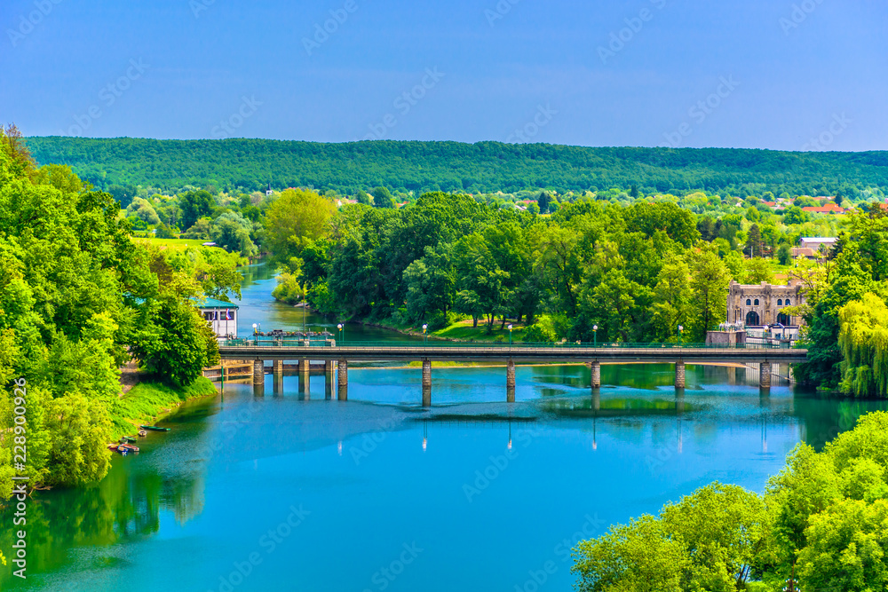 River Kupa landscape nature. / Aerial view at colorful landscape near Karlovac town, croatian travel destinations.