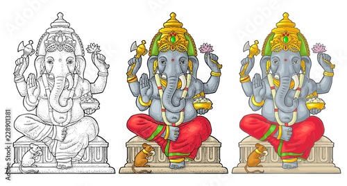 Ganpati with mouse for poster Ganesh Chaturthi. Engraving vintage vector