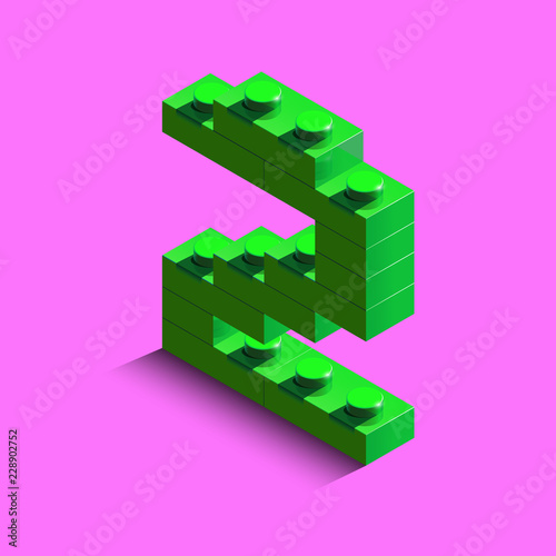 Green number two from constructor Bricks bricks on pink background. 3d Bricks number two
