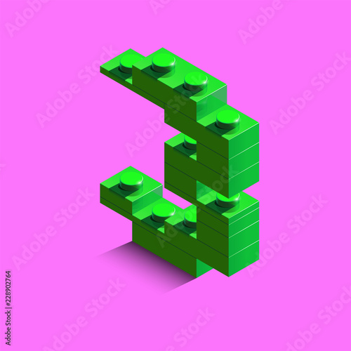 Green number three from constructor Bricks bricks on pink background. 3d Bricks number three