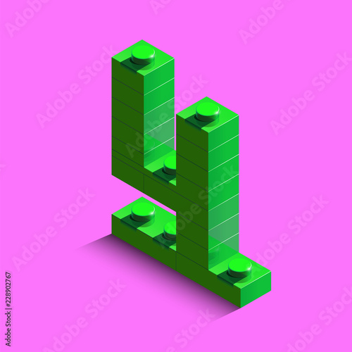 Green number four from constructor Bricks bricks on pink background. 3d Bricks number four