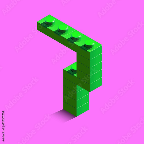 Green number seven from constructor Bricks bricks on pink background. 3d Bricks number seven