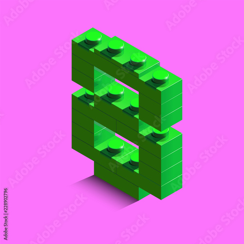 Green number eight from constructor Bricks bricks on pink background. 3d Bricks number eight