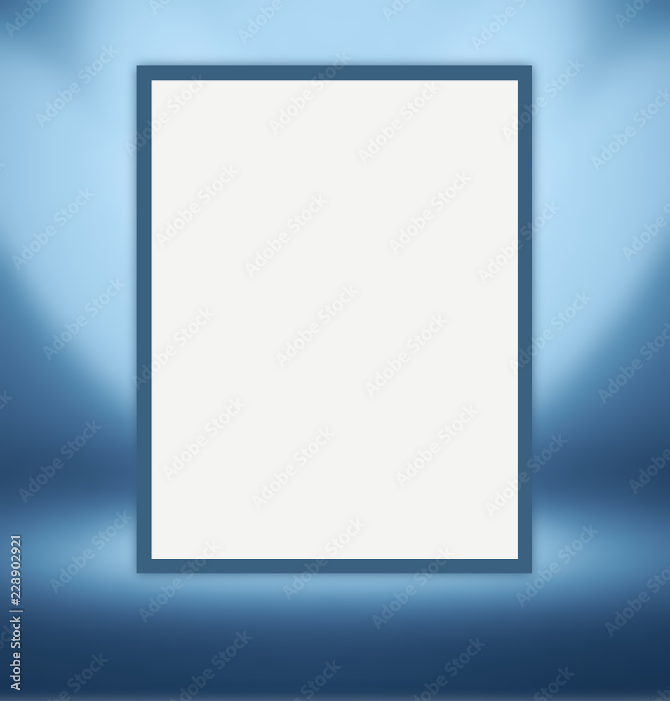 White paper sheet for photos hanging on the light blue wall in a room studios. Template mock up for display of product or your content. Business background. White paper sheet for photos hanging on the light blue wall in a room studios. Template mock up for display of product or your content. Business background.