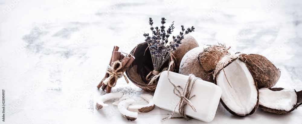 Spa still life of organic cosmetics with coconuts