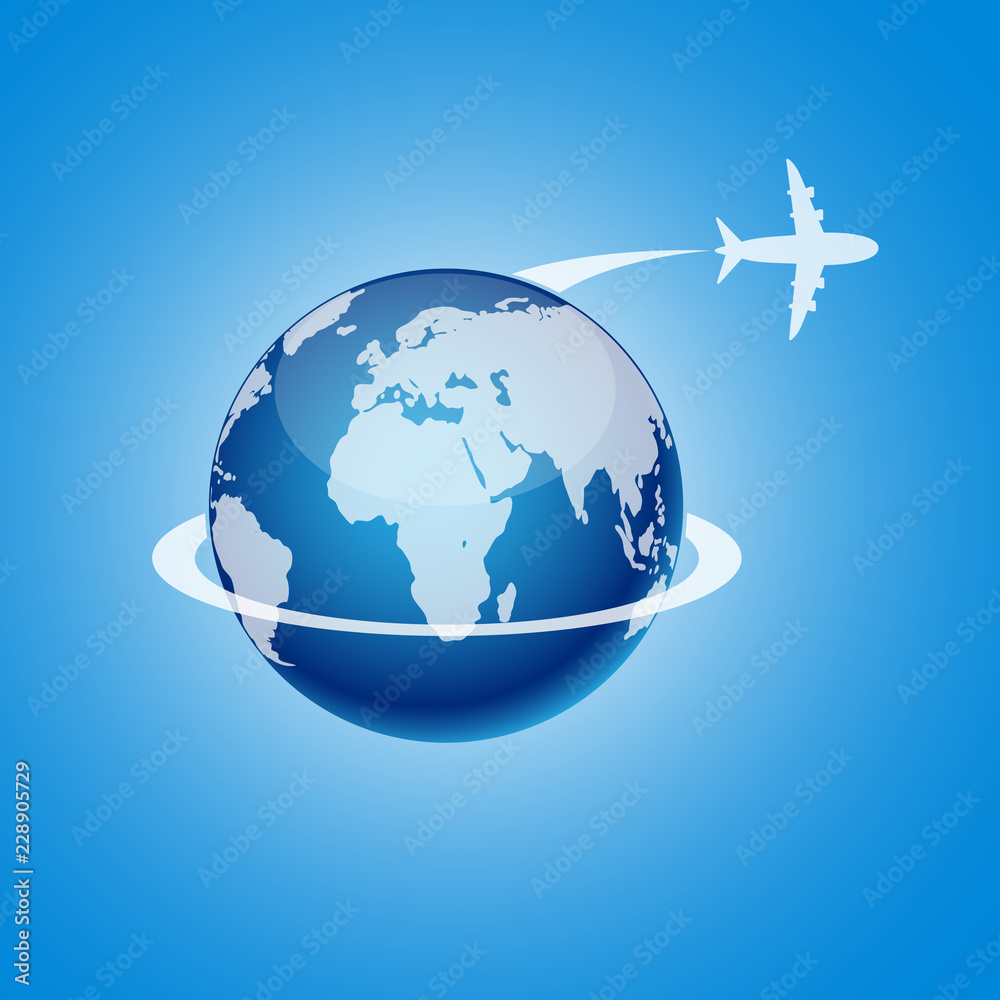 Fototapeta premium Airplane flying around the globe. Vector illustration