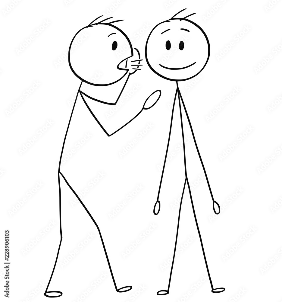 Cartoon stick drawing conceptual illustration of man or businessman whispering a secret in the ear of another man. Stock Vector | Adobe Stock