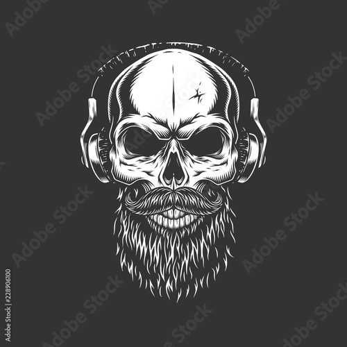 Vintage monochrome skull wearing headphones