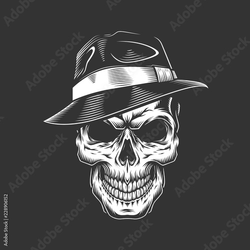 Vintage monochrome gangster skull in hat