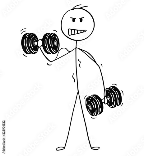 Cartoon stick drawing conceptual illustration of muscular bodybuilder man lifting two dumbbells during workout.