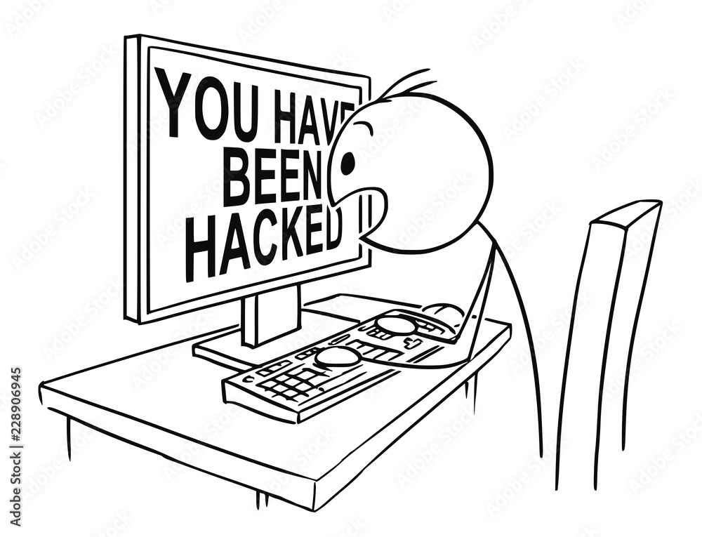 Cartoon stick drawing conceptual illustration of man or businessman working  on computer and watching in panic you have been hacked message on the  screen. Stock Vector | Adobe Stock