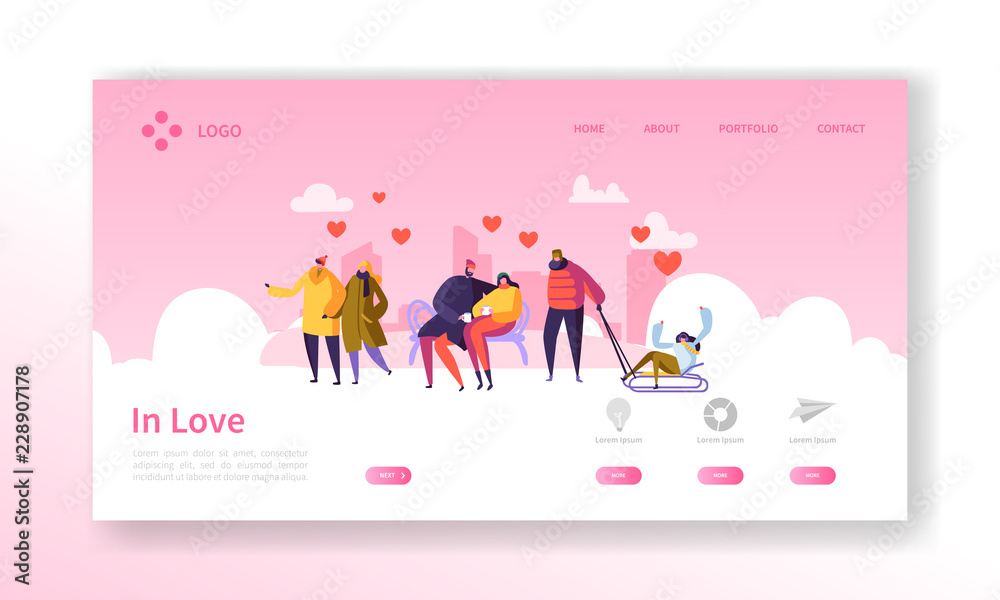 People in Love on Winter Season Landing Page. Valentines Day Banner with Flat Characters and Hearts. Website Template Easy Edit and Customize. Vector illustration