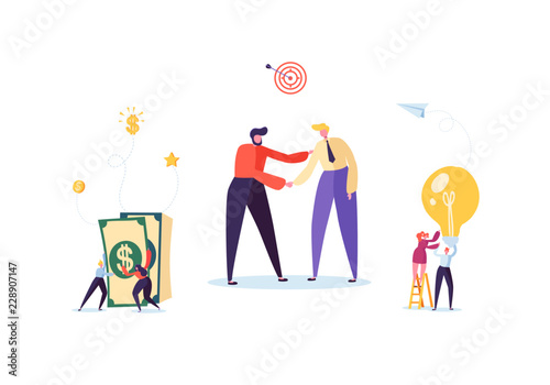 Businessmen Shaking Hands. Partnership Deal Handshake, Meeting Agreement Concept. Characters on Successful Negotiations. Vector illustration