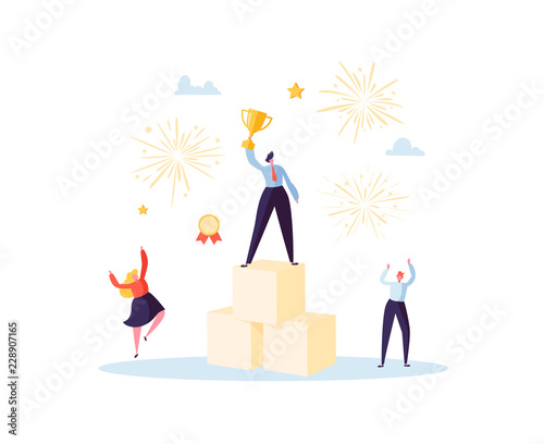 Successful Businessman with Prize on Podium. Business Success Teamwork Concept. Manager with Winning Trophy Cup. Leader Man and Woman Celebrating Victory. Vector illustration