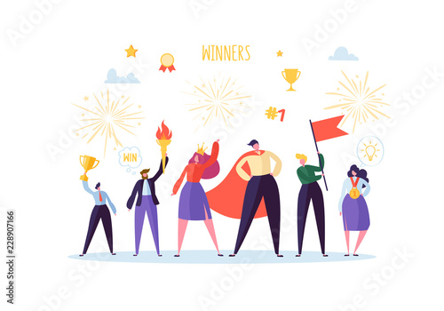 Successful Businessman with Prize. Business Success Teamwork Concept. Manager with Winning Trophy Cup. Leader Man and Woman Celebrating Victory. Vector illustration