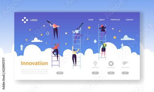 Business Innovation Landing Page. Business Vision Concept with Flat Characters in Search of Creative Idea. Website Template Easy Edit and Customize. Vector illustration