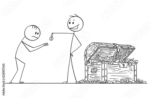 Cartoon stick drawing conceptual illustration of haughty or arrogant man or businessman with chest full of money giving one coin to humbled beggar or supplicant.