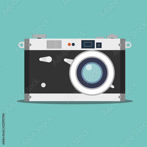 Old film camera. Vintage photo. Stock flat vector illustration.