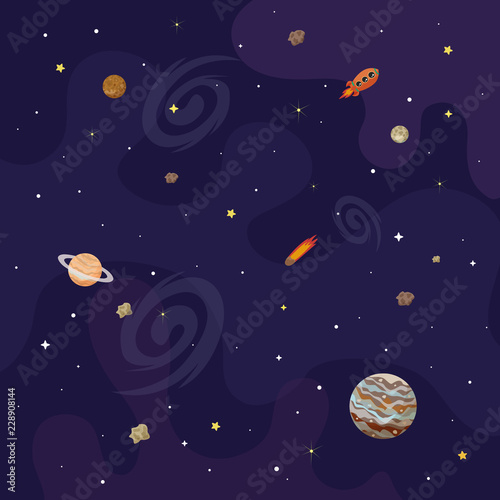Vector illustration of space  universe. Cute cartoon planets  asteroids  comet  rockets. Kids illustration.