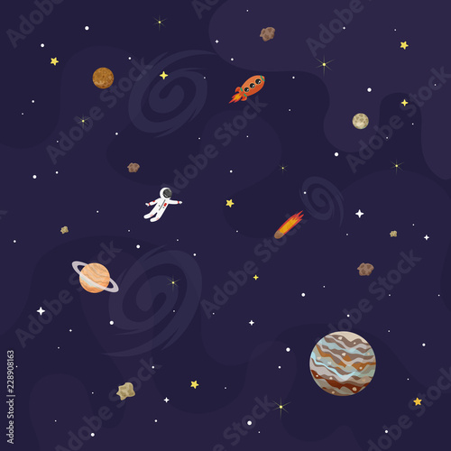 Vector illustration of space, universe. Cute cartoon planets, asteroids, comet, rockets. Kids illustration. © Svetlana