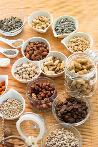 A collection of different dry fruits. Legume family 