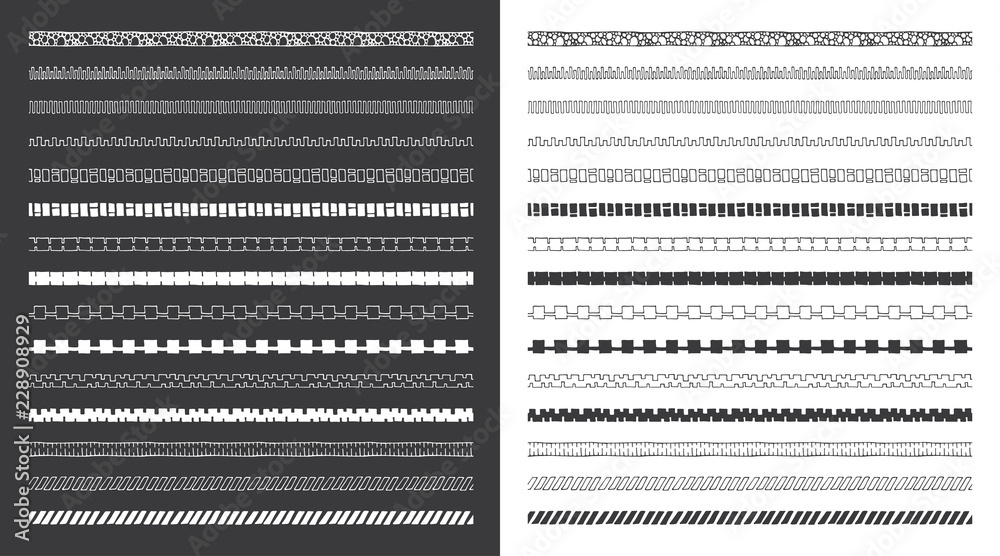 Set of decorative hand drawn vector borders. Hand drawn tribal and geometric design elements. Pattern brushes included.