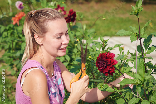 Beautiful European girl is taking care her flowrers in the garden. She is handling scissors in her hands and blissfully smiling.