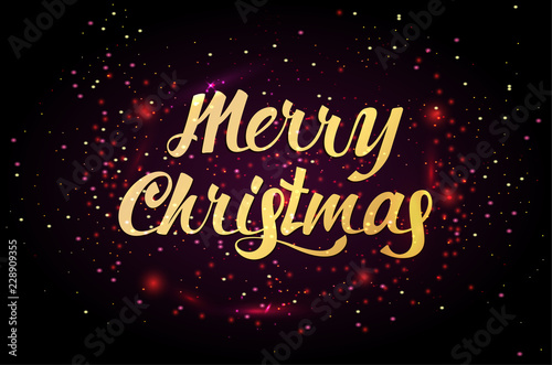 Merry Christmas gold lettering design with light sparkles and gold calligraphy lettering. Vector Christmas holiday golden glitter or holiday confetti on black background. Vector illustration EPS 10