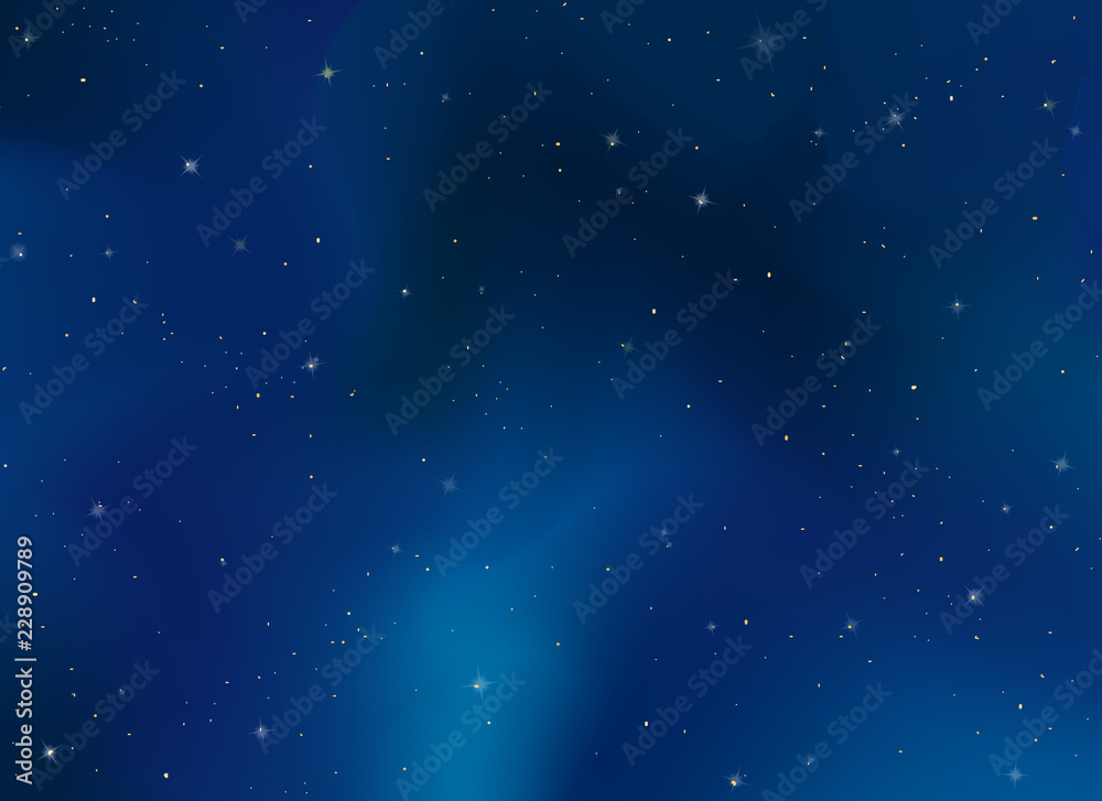 Realistic space celestial evening sky background. Cosmic bright stars template, starry night pattern. Vector illustration for cover, design, wallpaper, poster, backdrop