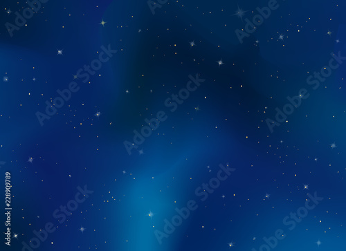 Realistic space celestial evening sky background. Cosmic bright stars template, starry night pattern. Vector illustration for cover, design, wallpaper, poster, backdrop