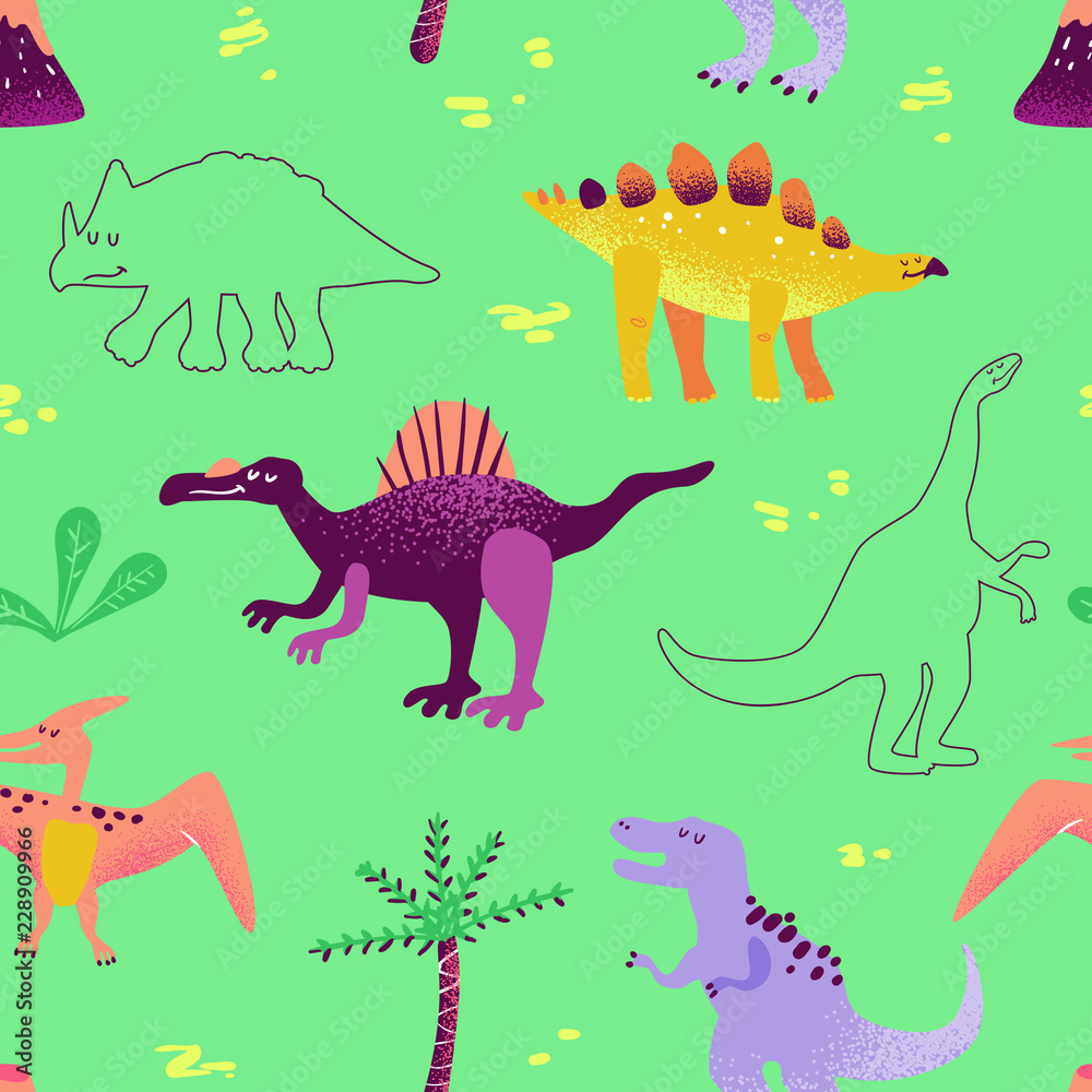 Obraz premium Seamless cute cartoon dinosaurs pattern. Vector baby dino background texture. Backdrop for textile, fabric, wallpaper print