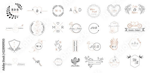 Big set of Wedding monogram logos collection, hand drawn modern minimalistic and floral templates for Invitation cards, Save the Date, elegant identity for restaurant, boutique, cafe in vector photo