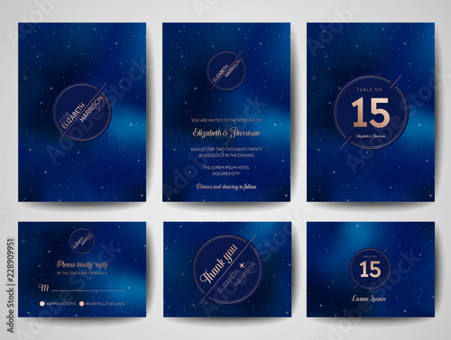 Starry Night Sky Trendy Wedding Invitation Card, Save the Date Monogram Celestial Template of Galaxy, Space, Stars Illustration in vector