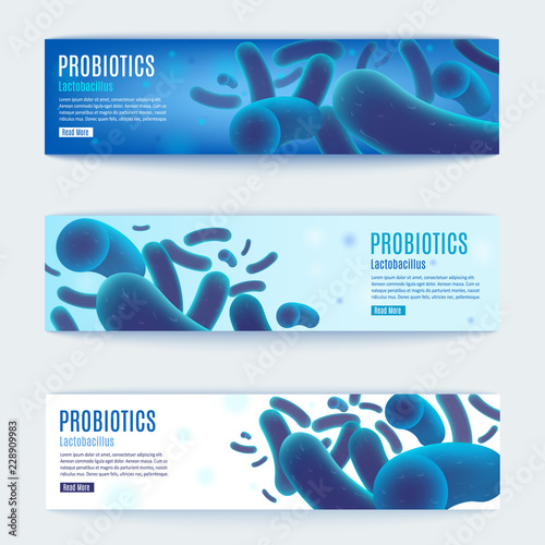Probiotics Vector Horizontal Blue Web Banners Set