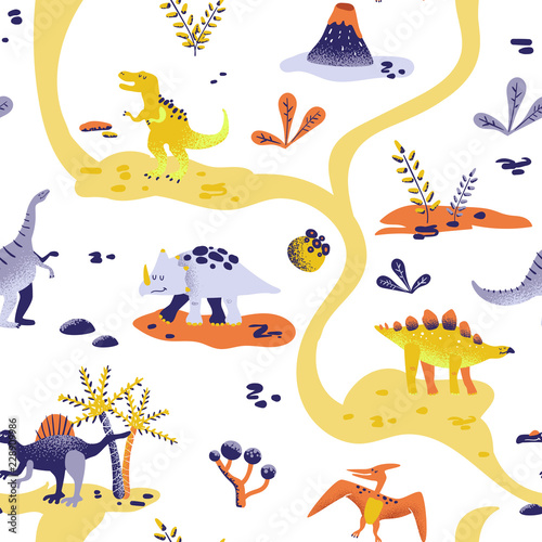 Seamless cute cartoon dinosaurs pattern. Vector baby dino background texture. Backdrop for textile  fabric  wallpaper print